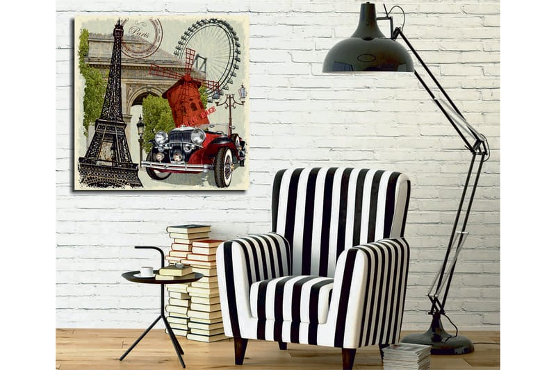 Lærredstryk 45x45 cm - Paris-inspireret komposition med Eiffeltårnet, en rød bil og en vindmølle - Rød / Sort / Grøn - Boligtilbehør - Billeder & kunst - Billeder på lærred