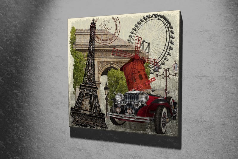 Lærredstryk 45x45 cm - Paris-inspireret komposition med Eiffeltårnet, en rød bil og en vindmølle - Rød / Sort / Grøn - Boligtilbehør - Billeder & kunst - Billeder på lærred