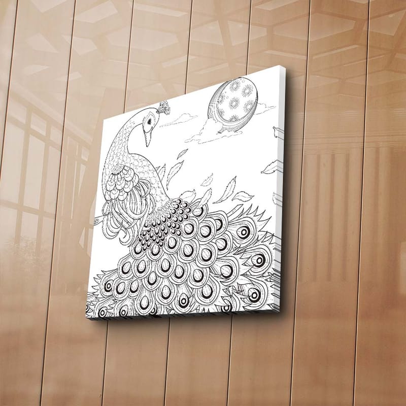 Lærredstryk 45x45 cm - Påfugl med detaljeret fjerdragt - Sort / Hvid - Boligtilbehør - Billeder & kunst - Billeder på lærred