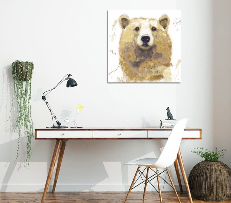 Lærredstryk 45x45 cm - Portræt af en bjørn med bløde penselstrøg, Beige / Brun / Hvid