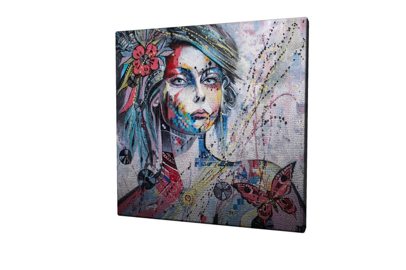 Lærredstryk 45x45 cm - Portræt af en kvinde med farverige detaljer og sommerfugle - Lyserød / Blå / Grøn - Boligtilbehør - Billeder & kunst - Billeder på lærred