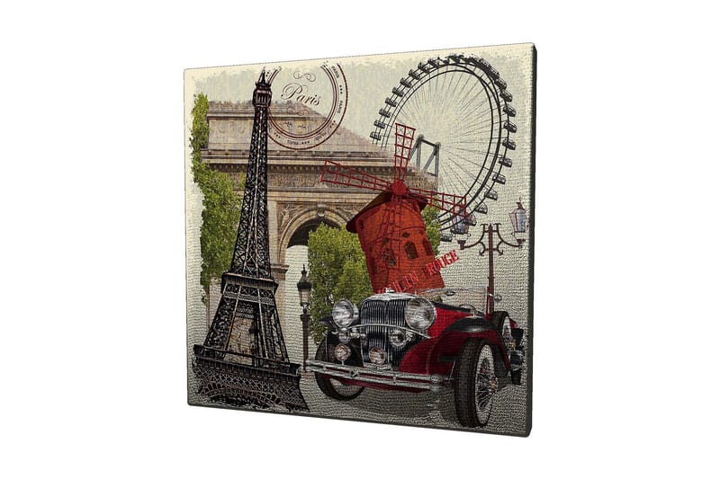 Lærredstryk 45x45 cm - Paris-inspireret komposition med Eiffeltårnet, en rød bil og en vindmølle, Rød / Sort / Grøn