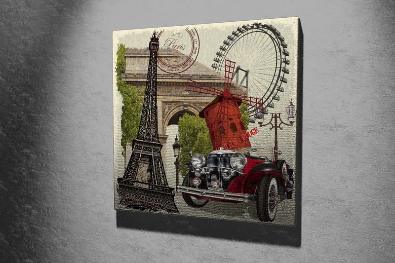Lærredstryk 45x45 cm - Paris-inspireret komposition med Eiffeltårnet, en rød bil og en vindmølle - Rød / Sort / Grøn - Boligtilbehør - Billeder & kunst - Billeder på lærred