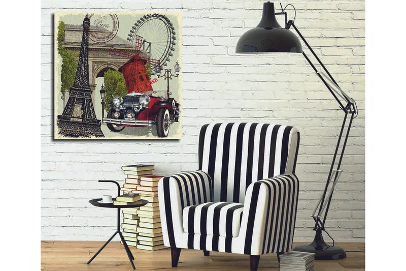 Lærredstryk 45x45 cm - Paris-inspireret komposition med Eiffeltårnet, en rød bil og en vindmølle - Rød / Sort / Grøn - Boligtilbehør - Billeder & kunst - Billeder på lærred