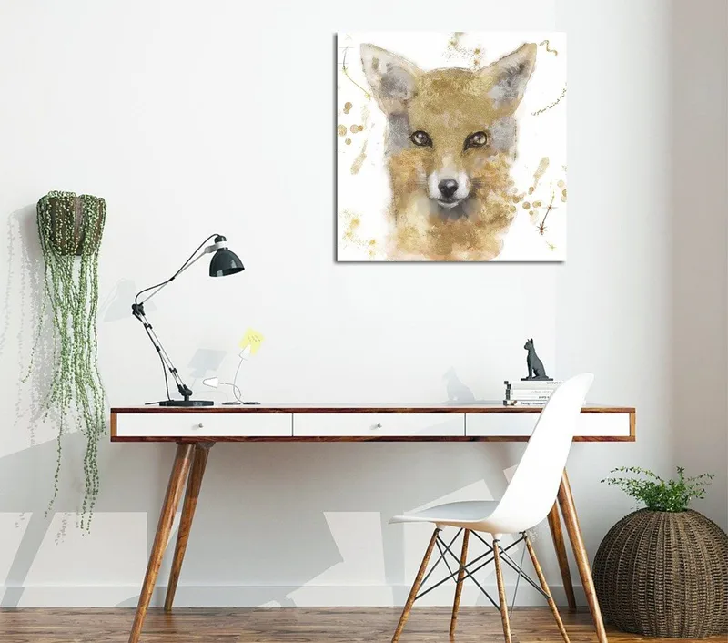 Lærredstryk 45x45 cm - Portræt af en ræv med bløde penselstrøg, Guld / Beige / Sort