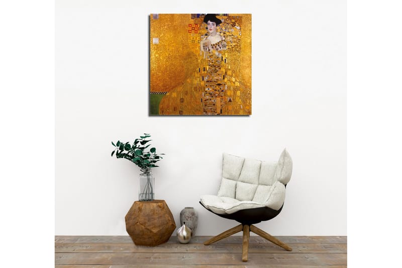 Lærredstryk 45x45 cm - Portræt af en kvinde i en gylden kjole med dekorative mønstre - Guld / Sort / Hvid - Boligtilbehør - Billeder & kunst - Billeder på lærred