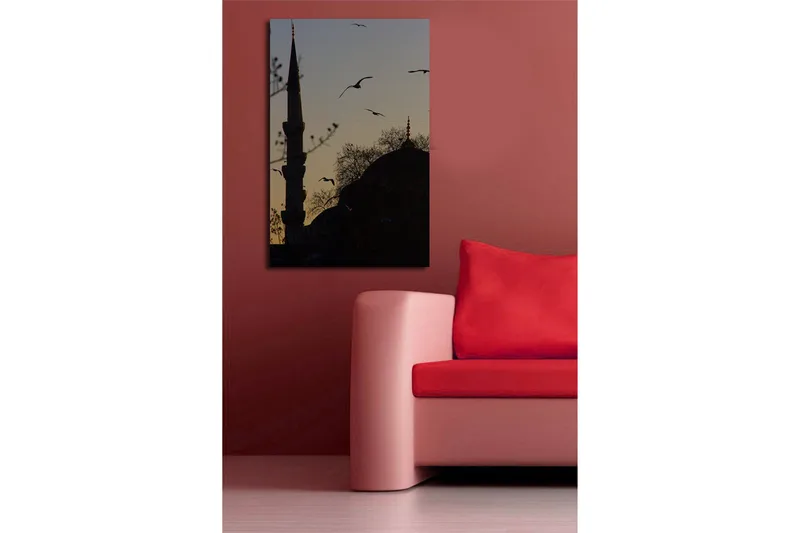 Lærredstryk 45x70 cm - Silhuet af en moské med fugle i flugt mod en tusmørkehimmel - Sort / Mørkeblå / Guld - Boligtilbehør - Billeder & kunst - Billeder på lærred