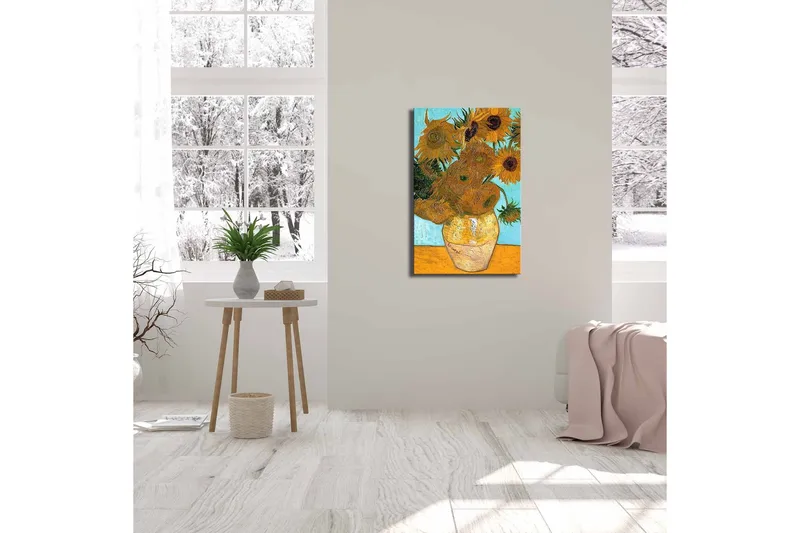 Lærredstryk 45x70 cm - Solrige solsikker i en vase med en lys baggrund - Gul / Grøn / Brun - Boligtilbehør - Billeder & kunst - Billeder på lærred