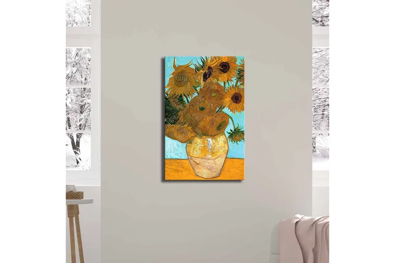 Lærredstryk 45x70 cm - Solrige solsikker i en vase med en lys baggrund - Gul / Grøn / Brun - Boligtilbehør - Billeder & kunst - Billeder på lærred