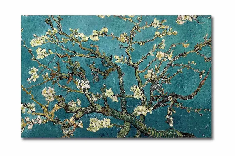 Lærredstryk 70x45 cm - Blomstrende kviste mod en turkis baggrund, Turkis / Hvid / Mørkegrøn