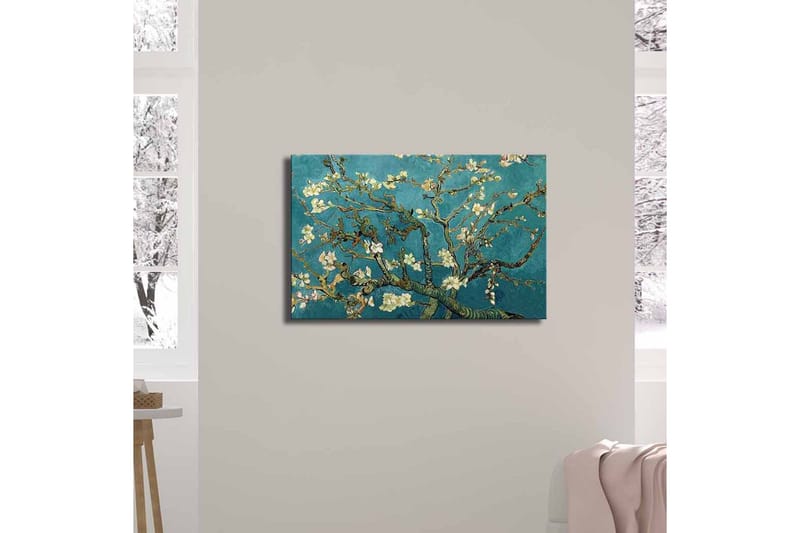 Lærredstryk 70x45 cm - Blomstrende kviste mod en turkis baggrund - Turkis / Hvid / Mørkegrøn - Boligtilbehør - Billeder & kunst - Billeder på lærred