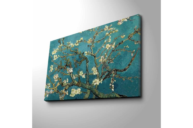 Lærredstryk 70x45 cm - Blomstrende kviste mod en turkis baggrund - Turkis / Hvid / Mørkegrøn - Boligtilbehør - Billeder & kunst - Billeder på lærred