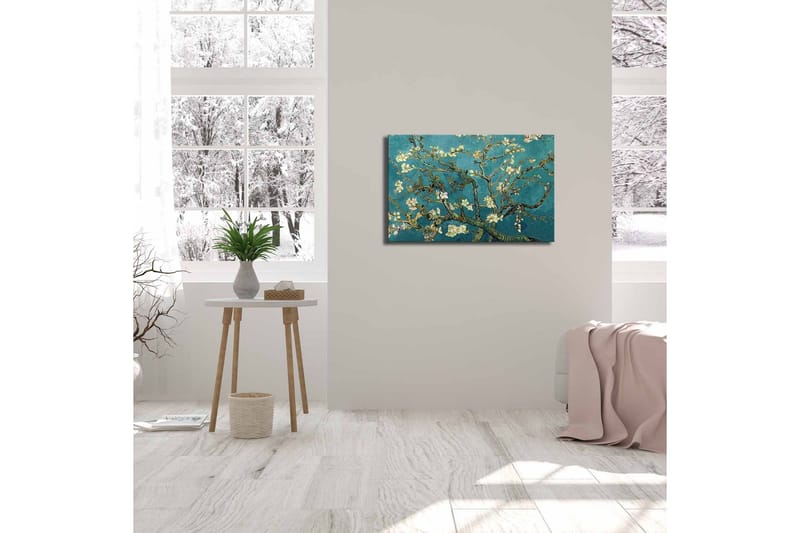 Lærredstryk 70x45 cm - Blomstrende kviste mod en turkis baggrund - Turkis / Hvid / Mørkegrøn - Boligtilbehør - Billeder & kunst - Billeder på lærred