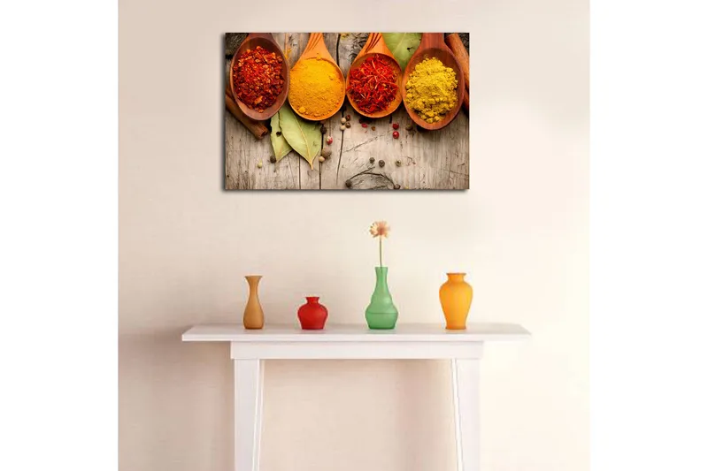 Lærredstryk 70x45 cm - Farverige krydderier i træskeer - Rød / Gul / Orange - Boligtilbehør - Billeder & kunst - Billeder på lærred