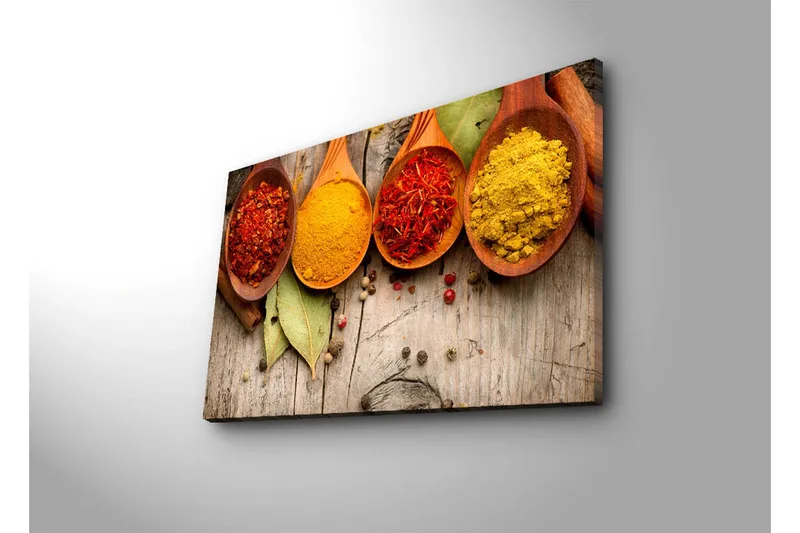 Lærredstryk 70x45 cm - Farverige krydderier i træskeer - Rød / Gul / Orange - Boligtilbehør - Billeder & kunst - Billeder på lærred