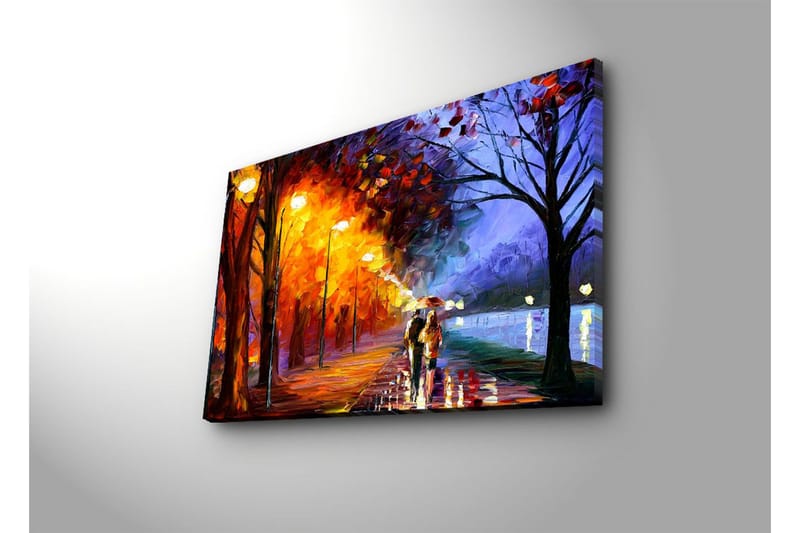 Lærredstryk 70x45 cm - Romantisk gåtur i regnvejr med paraplyer i et farverigt efterårsmiljø - Orange / Blå / Gul - Boligtilbehør - Billeder & kunst - Billeder på lærred