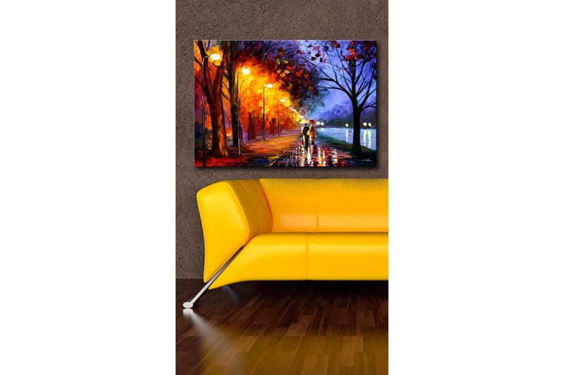 Lærredstryk 70x45 cm - Romantisk gåtur i regnvejr med paraplyer i et farverigt efterårsmiljø - Orange / Blå / Gul - Boligtilbehør - Billeder & kunst - Billeder på lærred