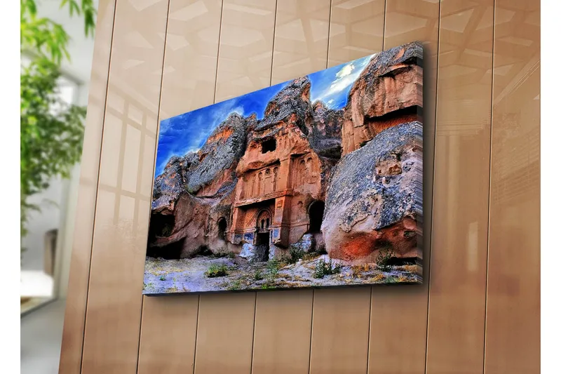 Lærredstryk 70x45 cm - Storslået klippeformation med historiske bygninger - Terrakotta / Grå / Blå - Boligtilbehør - Billeder & kunst - Billeder på lærred