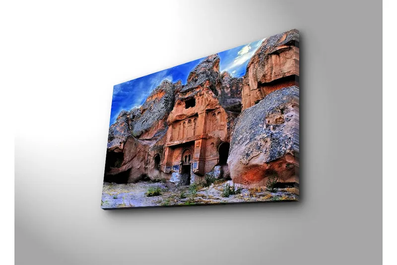 Lærredstryk 70x45 cm - Storslået klippeformation med historiske bygninger - Terrakotta / Grå / Blå - Boligtilbehør - Billeder & kunst - Billeder på lærred