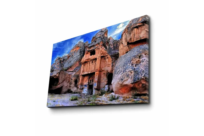Lærredstryk 70x45 cm - Storslået klippeformation med historiske bygninger - Terrakotta / Grå / Blå - Boligtilbehør - Billeder & kunst - Billeder på lærred