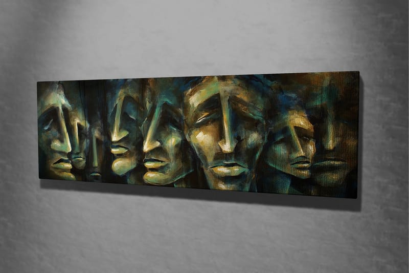 Lærredstryk 80x30 cm - Abstrakt komposition af ansigter med udtryksfulde træk - Mørkeblå / Grøn / Beige - Boligtilbehør - Billeder & kunst - Billeder på lærred