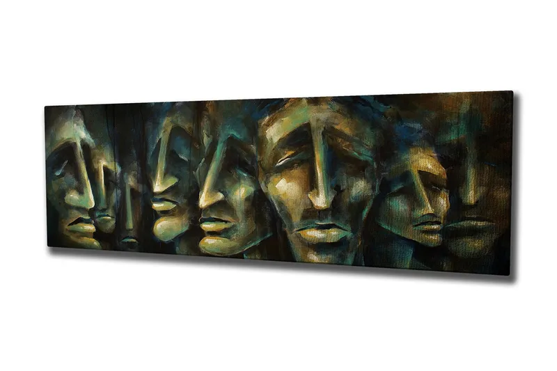 Lærredstryk 80x30 cm - Abstrakt komposition af ansigter med udtryksfulde træk, Mørkeblå / Grøn / Beige