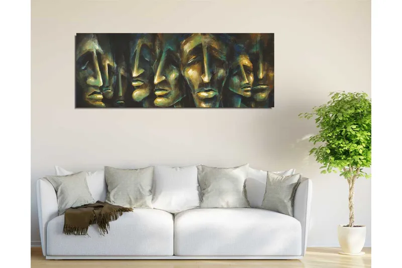 Lærredstryk 80x30 cm - Abstrakt komposition af ansigter med udtryksfulde træk - Mørkeblå / Grøn / Beige - Boligtilbehør - Billeder & kunst - Billeder på lærred
