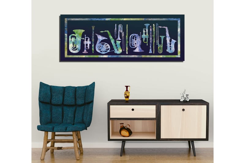 Lærredstryk 80x30 cm - Komposition af forskellige blæseinstrumenter i abstrakt stil - Mørkeblå / Lysegrøn / Hvid - Boligtilbehør - Billeder & kunst - Billeder på lærred