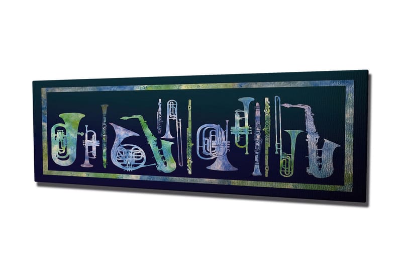 Lærredstryk 80x30 cm - Komposition af forskellige blæseinstrumenter i abstrakt stil - Mørkeblå / Lysegrøn / Hvid - Boligtilbehør - Billeder & kunst - Billeder på lærred