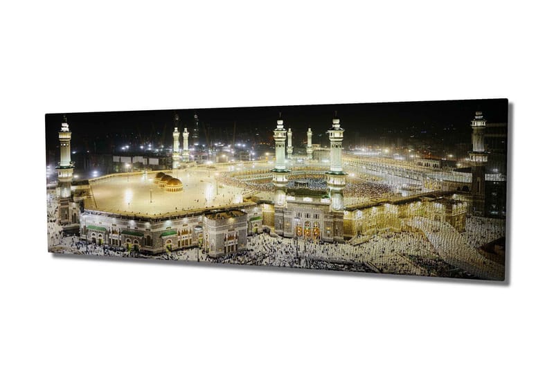 Lærredstryk 80x30 cm - Storslået udsigt over det hellige sted i Mekka i natlys, Guld / Grøn / Sort
