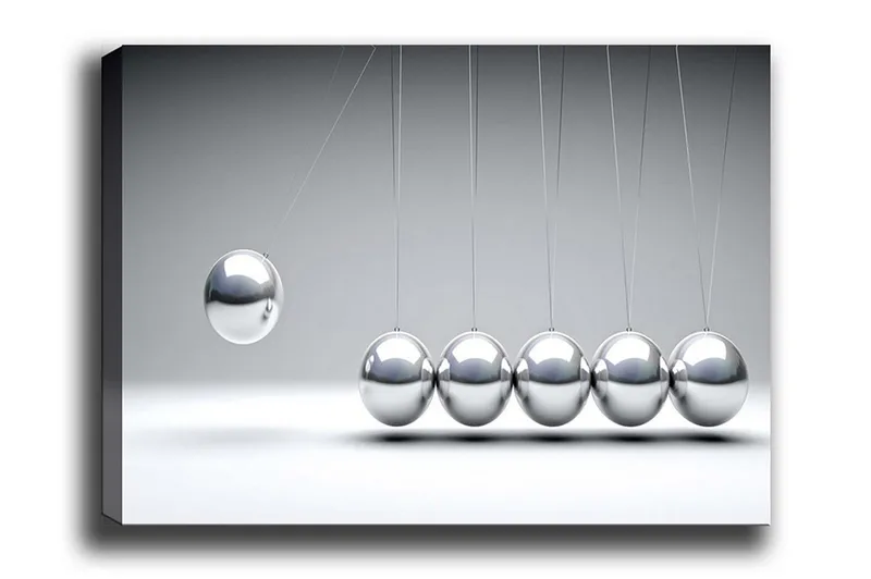Lærredstryk - Dynamisk komposition af svingende kugler i metallisk finish, Sølv / Grå