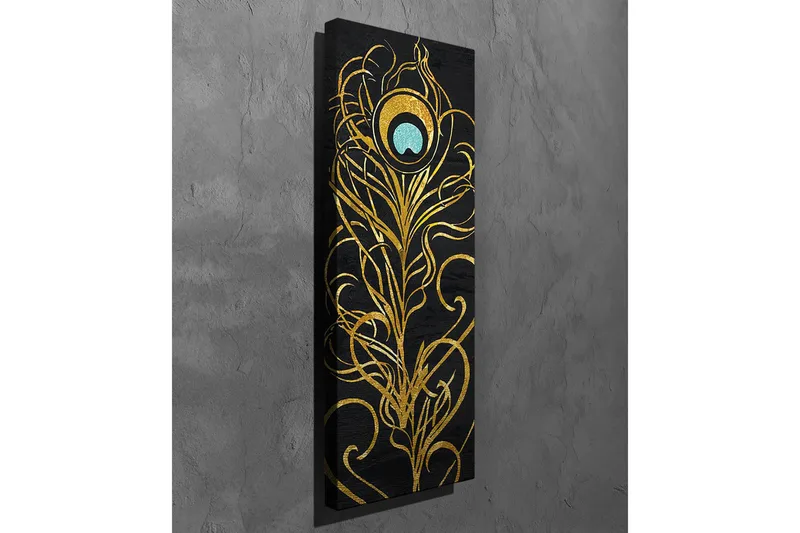 Lærredstryk - Elegant fjerdesign i guld og turkis - Guld / Turkis / Sort - Boligtilbehør - Billeder & kunst - Billeder på lærred