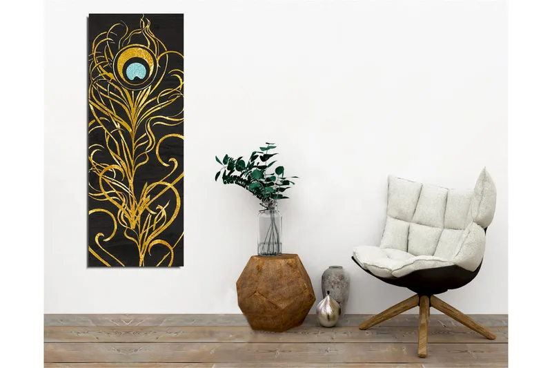 Lærredstryk - Elegant fjerdesign i guld og turkis - Guld / Turkis / Sort - Boligtilbehør - Billeder & kunst - Billeder på lærred