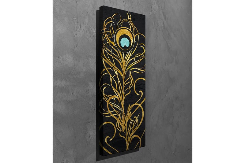 Lærredstryk - Elegant fjerdesign i guld og turkis - Guld / Turkis / Sort - Boligtilbehør - Billeder & kunst - Billeder på lærred