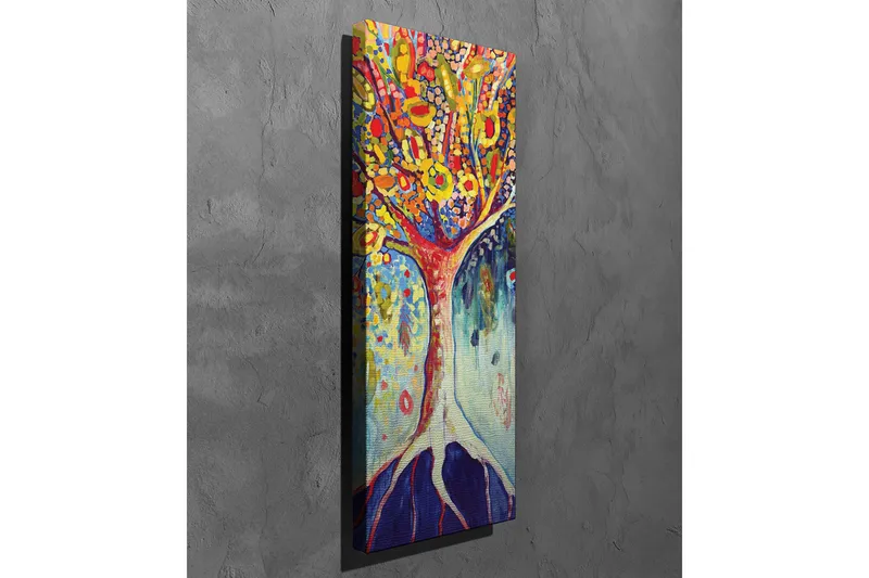 Lærredstryk - Farverig trækunst med blomstrende grene - Gul / Rød / Blå - Boligtilbehør - Billeder & kunst - Billeder på lærred