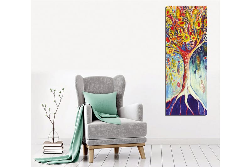 Lærredstryk - Farverig trækunst med blomstrende grene - Gul / Rød / Blå - Boligtilbehør - Billeder & kunst - Billeder på lærred