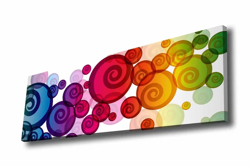 Lærredstryk - Farverige spiraler i forskellige størrelser, Rød / Grøn / Blå