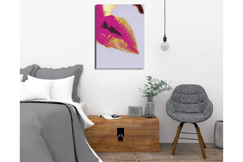 Lærredstryk - Farverigt læbeprint med gyldne detaljer - Lyserød / Guld - Boligtilbehør - Billeder & kunst - Billeder på lærred