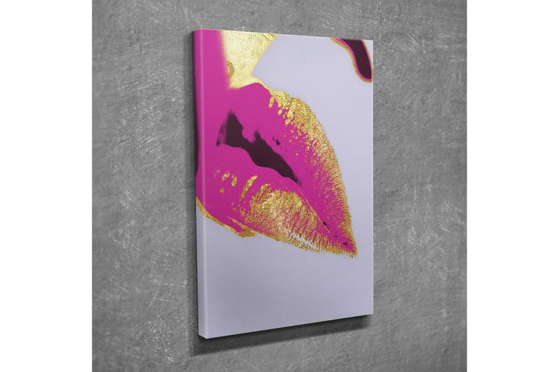 Lærredstryk - Farverigt læbeprint med gyldne detaljer - Lyserød / Guld - Boligtilbehør - Billeder & kunst - Billeder på lærred