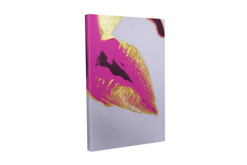 Lærredstryk - Farverigt læbeprint med gyldne detaljer, Lyserød / Guld