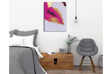Lærredstryk - Farverigt læbeprint med gyldne detaljer - Lyserød / Guld - Boligtilbehør - Billeder & kunst - Billeder på lærred