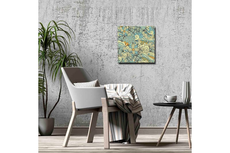 Lærredstryk - Farverigt og detaljeret mønsterdesign med blomster og buede former - Lyseblå / Beige / Orange - Boligtilbehør - Billeder & kunst - Billeder på lærred