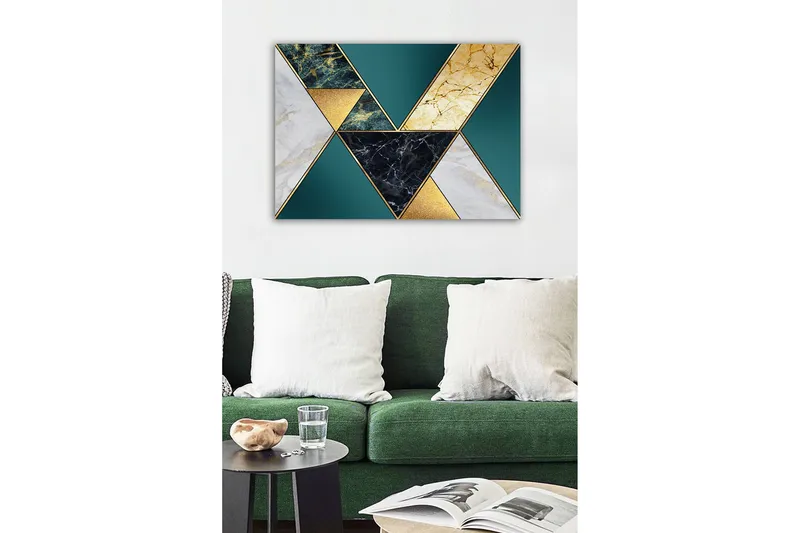 Lærredstryk - Geometrisk komposition med trekanter i forskellige materialer og farver - Mørkegrøn / Guld / Sort - Boligtilbehør - Billeder & kunst - Billeder på lærred