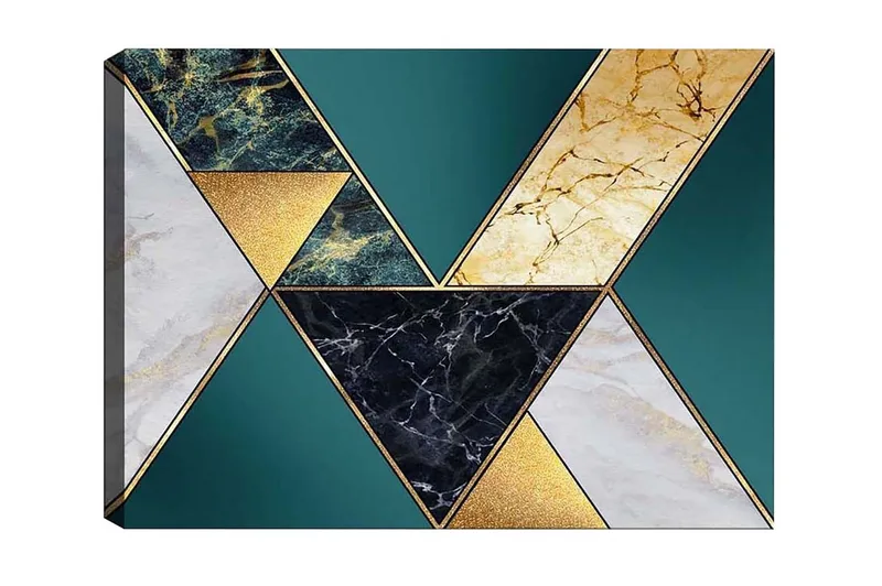 Lærredstryk - Geometrisk komposition med trekanter i forskellige materialer og farver, Mørkegrøn / Guld / Sort