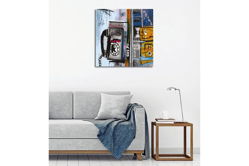 Lærredstryk - Grafisk komposition med telefon og abstrakte figurer - Blå / Sort / Gul - Boligtilbehør - Billeder & kunst - Billeder på lærred