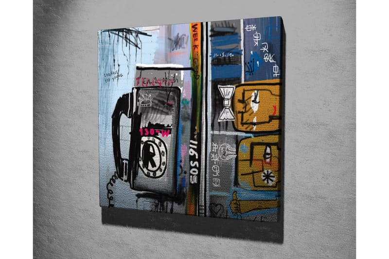 Lærredstryk - Grafisk komposition med telefon og abstrakte figurer - Blå / Sort / Gul - Boligtilbehør - Billeder & kunst - Billeder på lærred