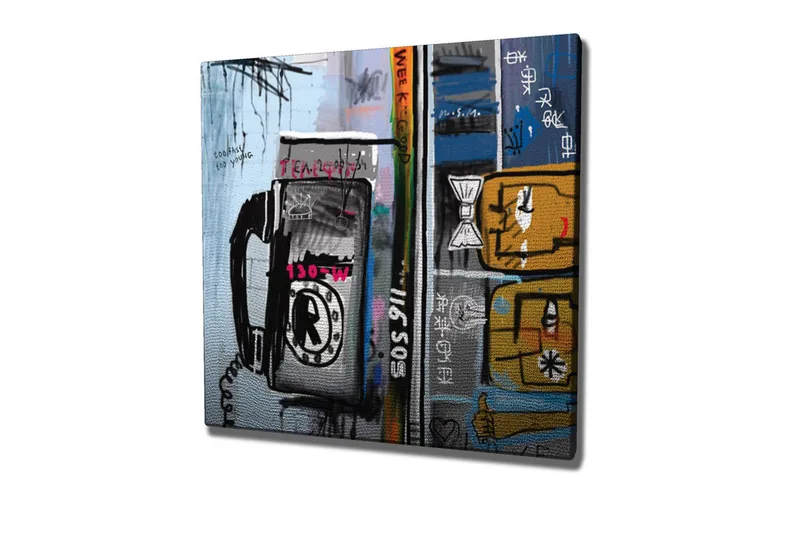 Lærredstryk - Grafisk komposition med telefon og abstrakte figurer, Blå / Sort / Gul