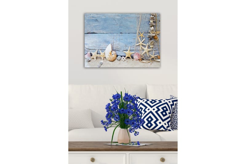 Lærredstryk - Havinspireret samling af skaller og søstjerner - Blå / Beige / Hvid - Boligtilbehør - Billeder & kunst - Billeder på lærred