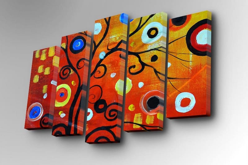 Lærredstryk i 5 dele 82x50 cm - Farverig abstrakt komposition med sorte spiraler og cirkler - Rød / Sort / Hvid - Boligtilbehør - Billeder & kunst - Billeder på lærred