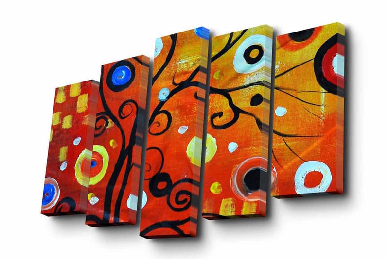 Lærredstryk i 5 dele 82x50 cm - Farverig abstrakt komposition med sorte spiraler og cirkler - Rød / Sort / Hvid - Boligtilbehør - Billeder & kunst - Billeder på lærred